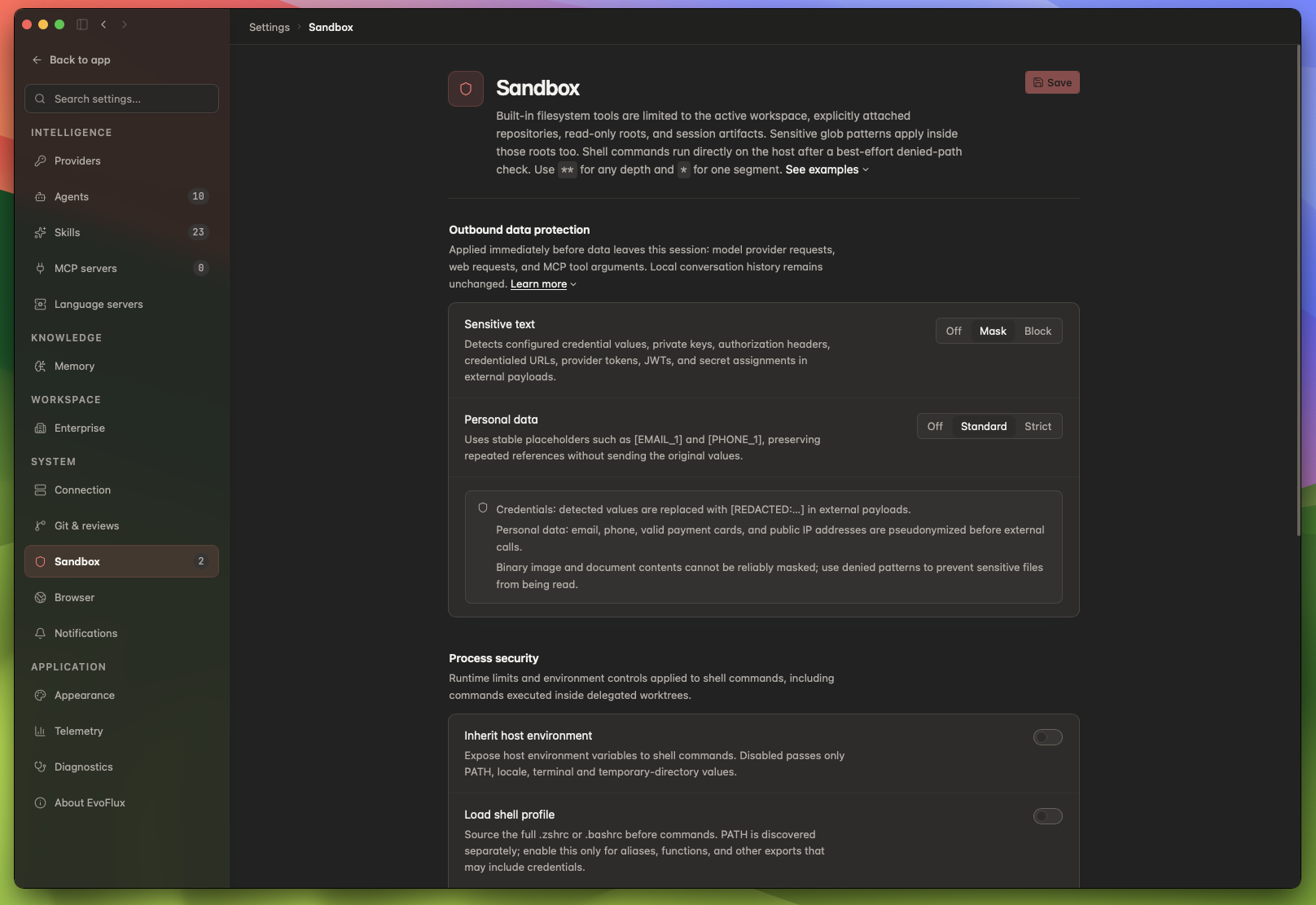 EvoFlux sandbox and outbound data protection controls