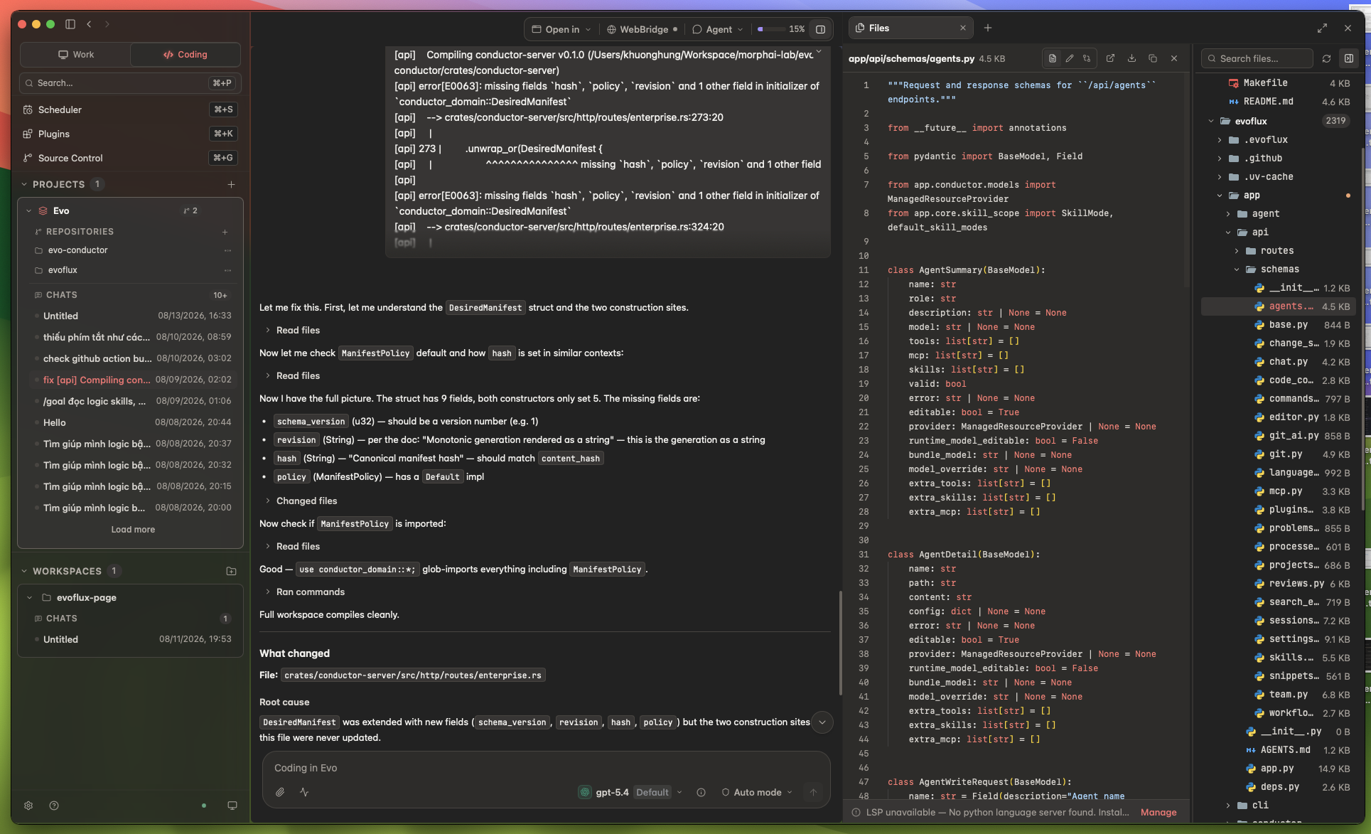 EvoFlux Coding workspace with an agent conversation, source editor, and repository file tree