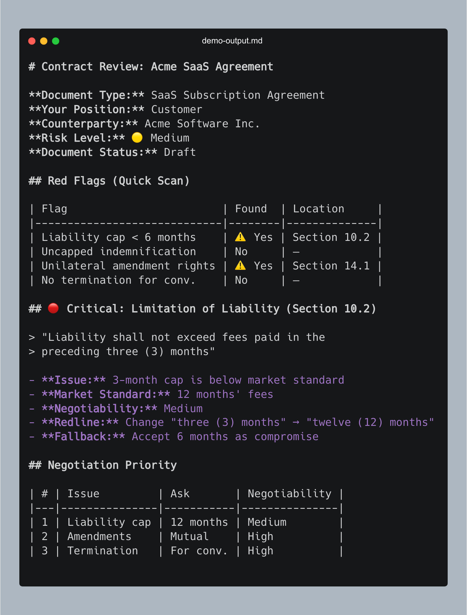 Demo output showing contract review with red flags, risk analysis, and redline suggestions