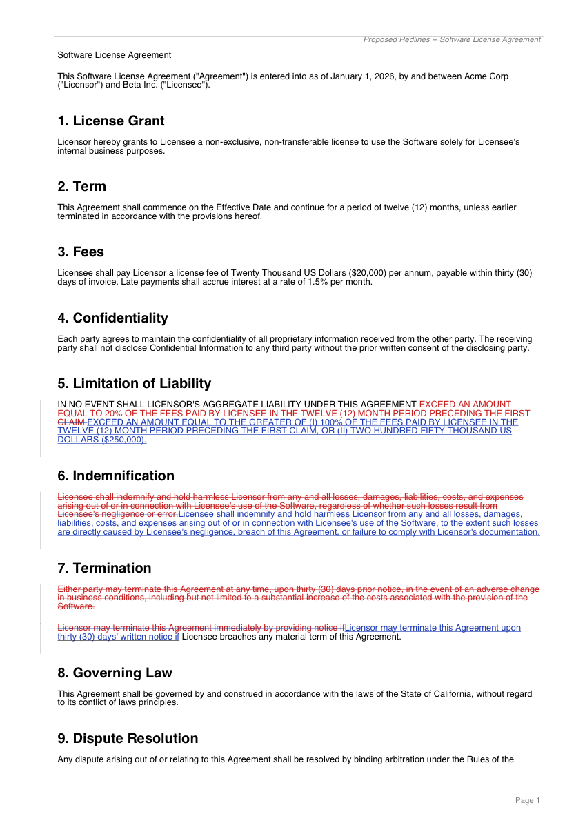 Full-document redline PDF with inline strikethrough and change bars