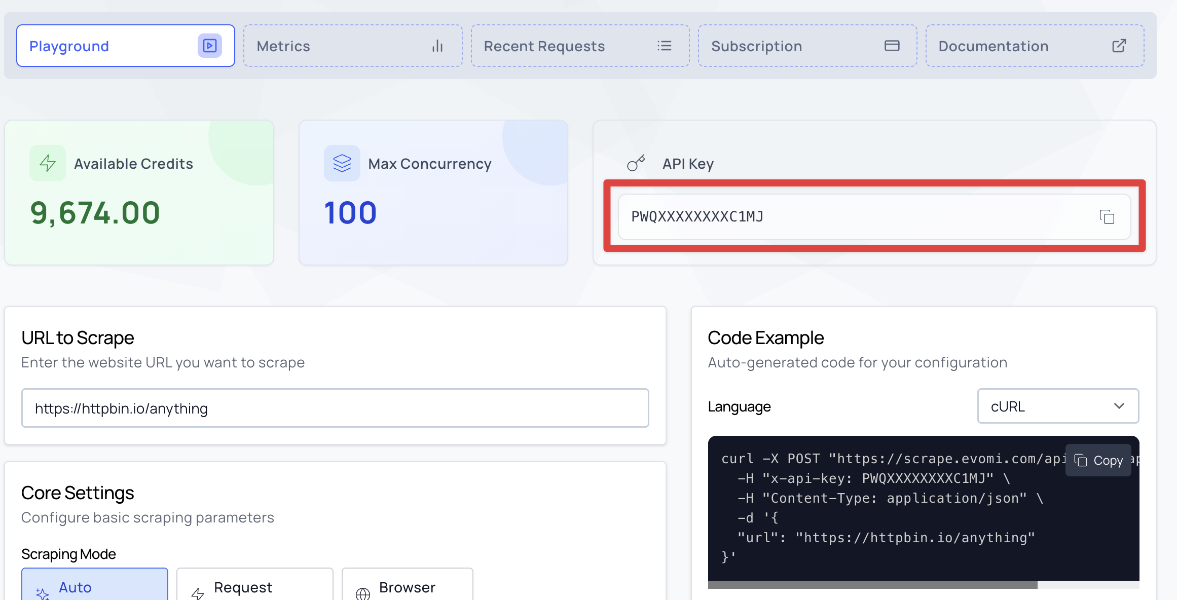 Evomi Dashboard - API Key Location