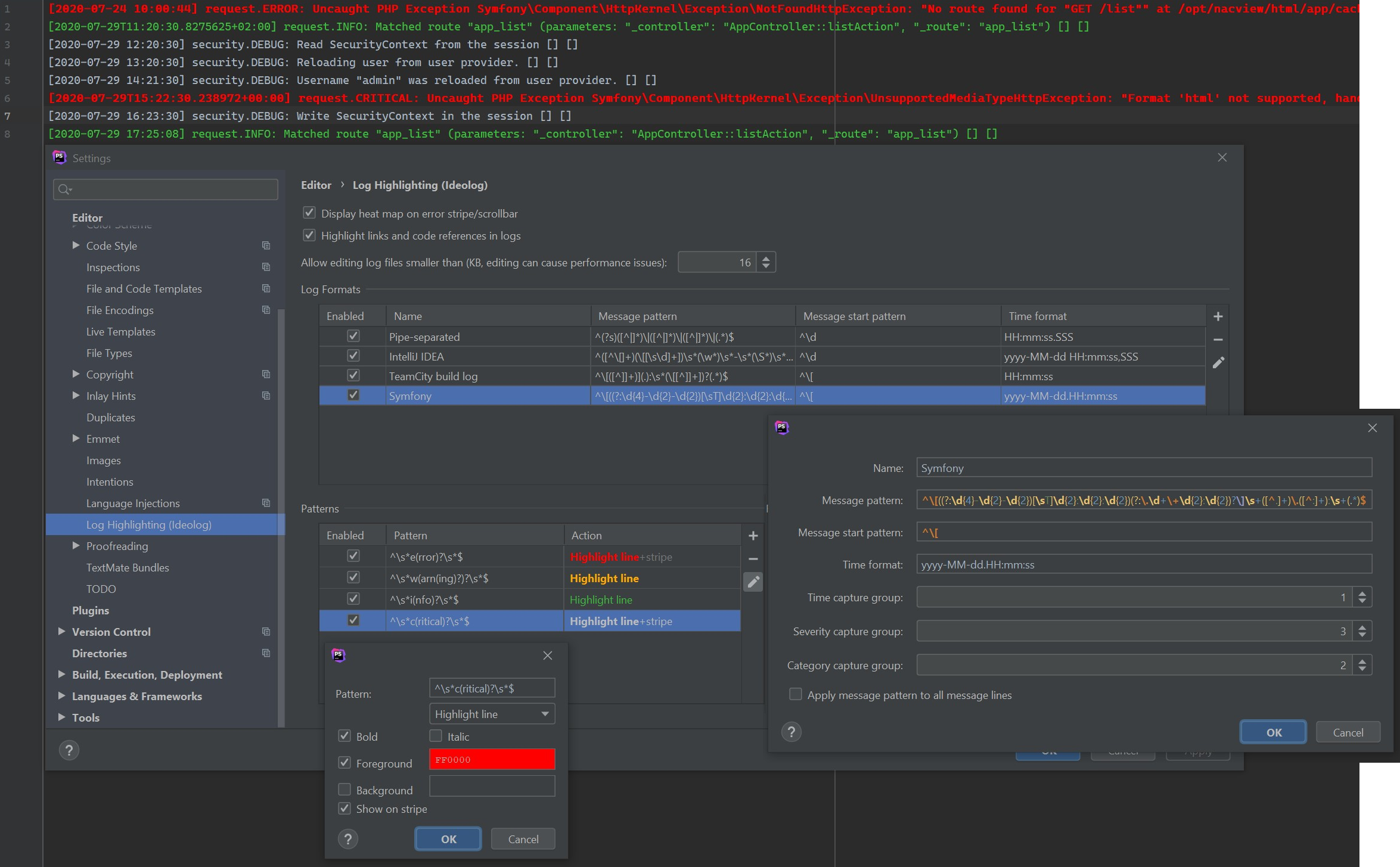 PHPStorm Ideolog Symfony logs format