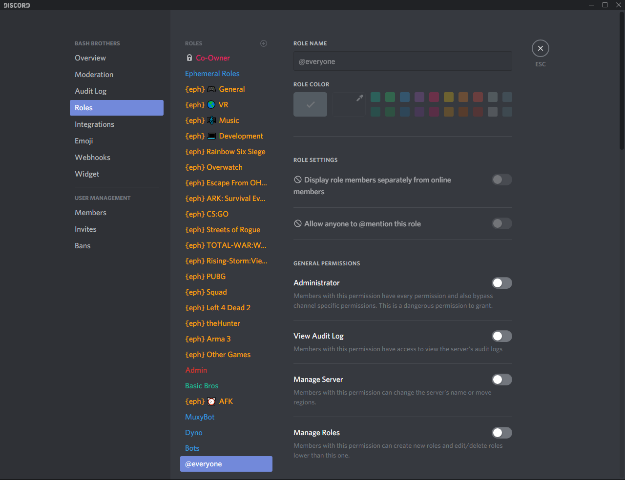 Ephemeral Roles example role list