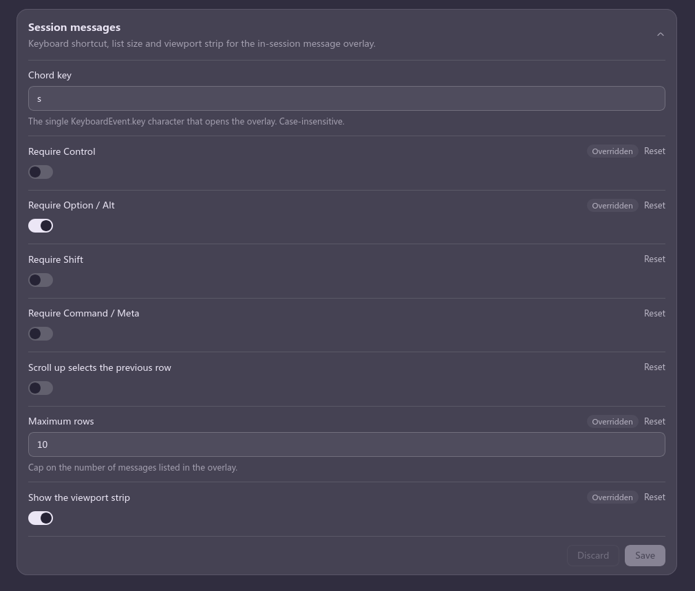 The settings card: Session messages under Settings → Plugins → Plugin configuration