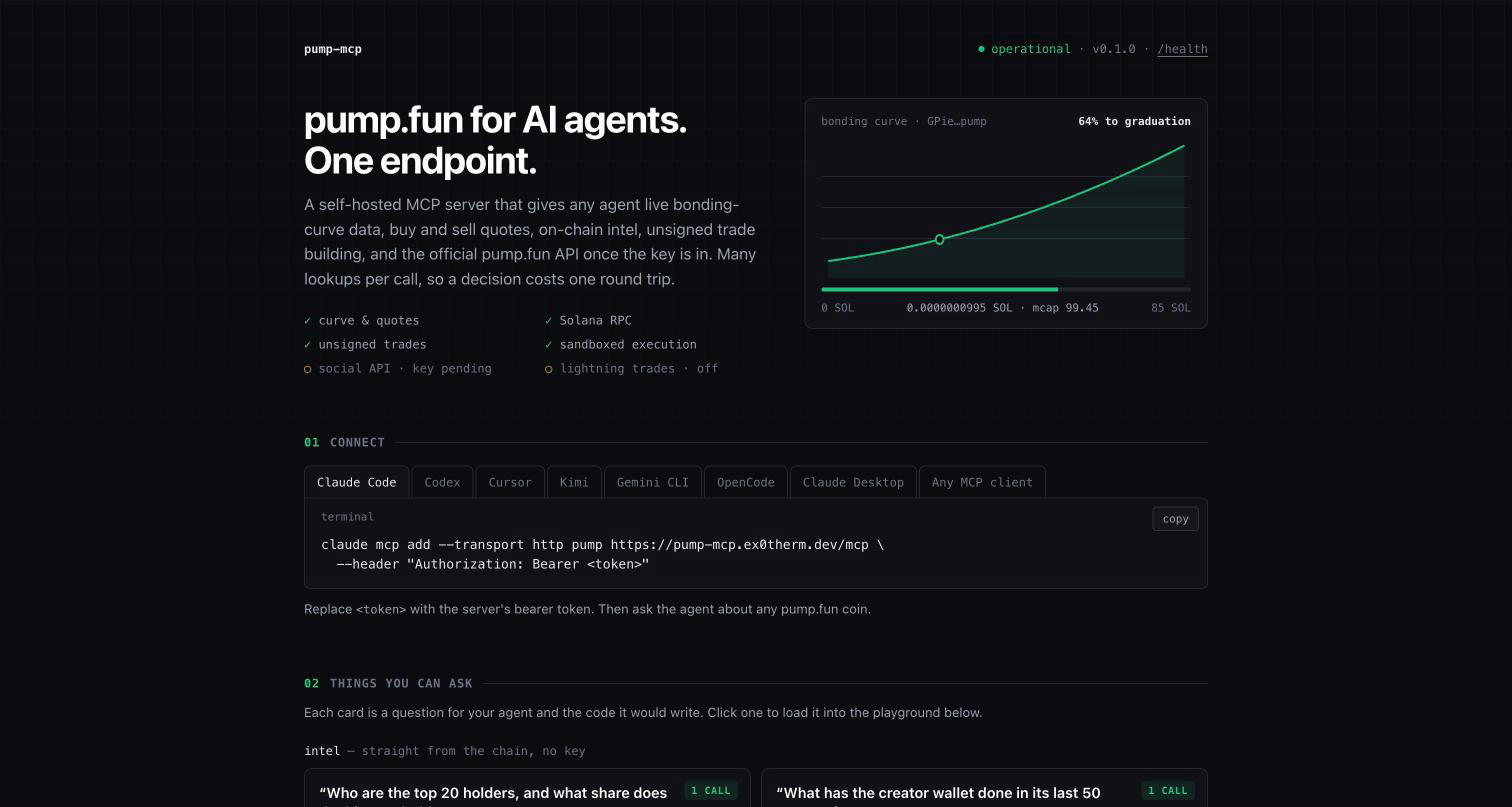 The web app: status bar, live bonding curve for the showcase coin, connect snippets per client, and example questions