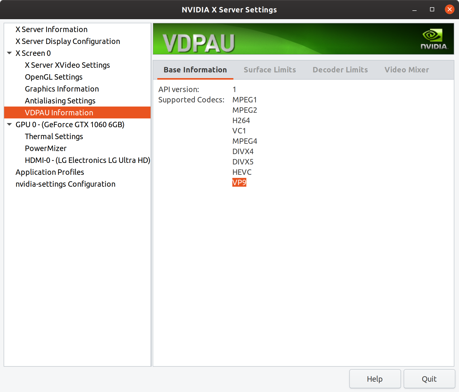 NVIDIA VDPAU Settings VP9