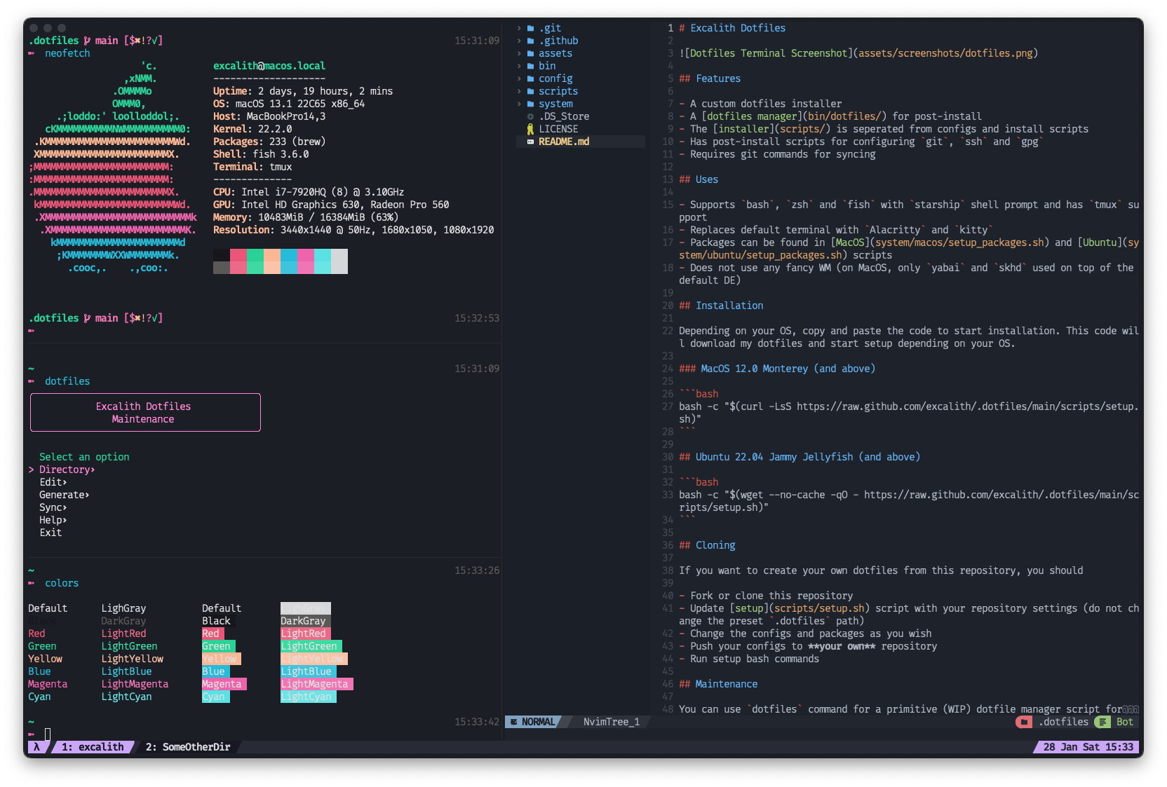 Screenshot of alacritty terminal using fish shell with spaceship prompt and tmux, displaying neofetch, nvim and custom scripts