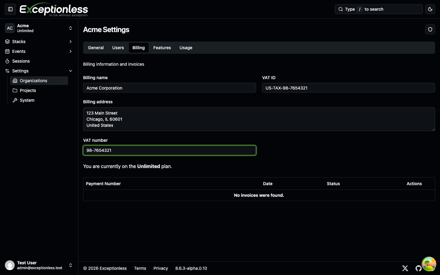 Organization billing information fields