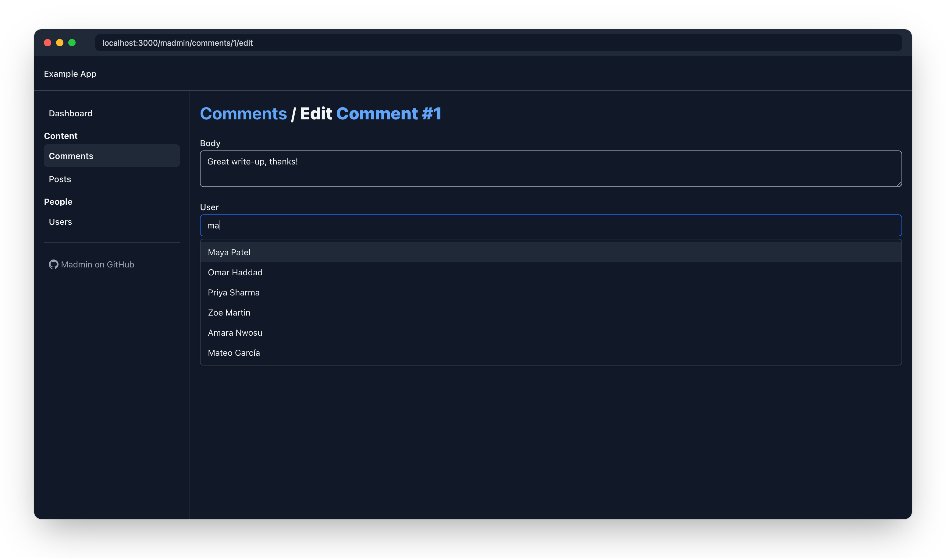 Madmin edit form in dark mode, searching for a user