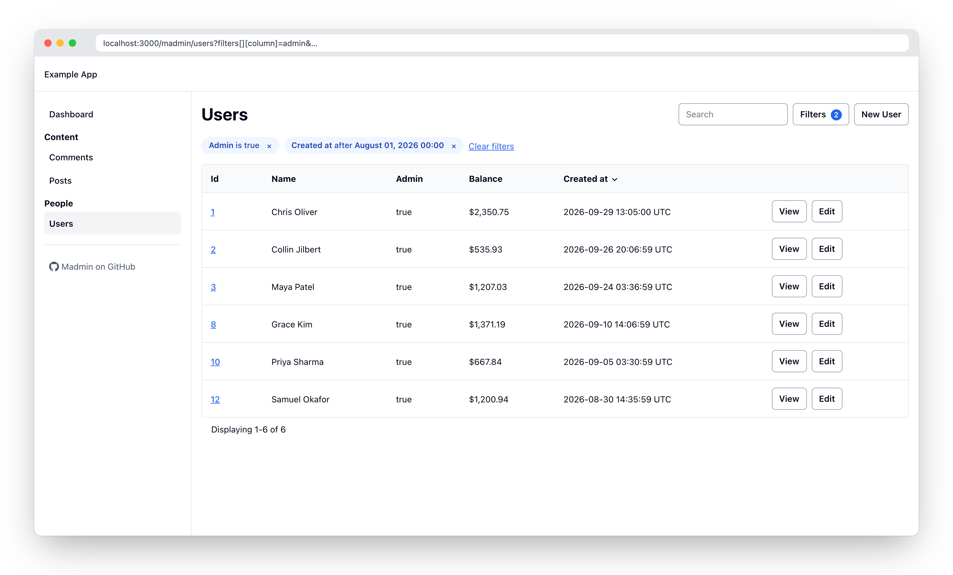 Madmin index page with filters
