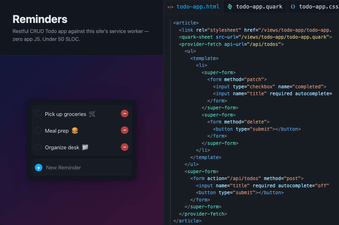 The Todo demo: the running app beside its HTML, Quark and CSS