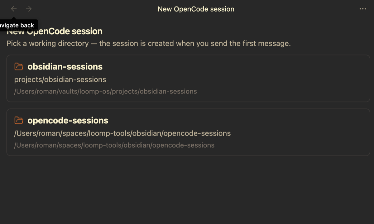 New OpenCode session dialog with working-directory cards