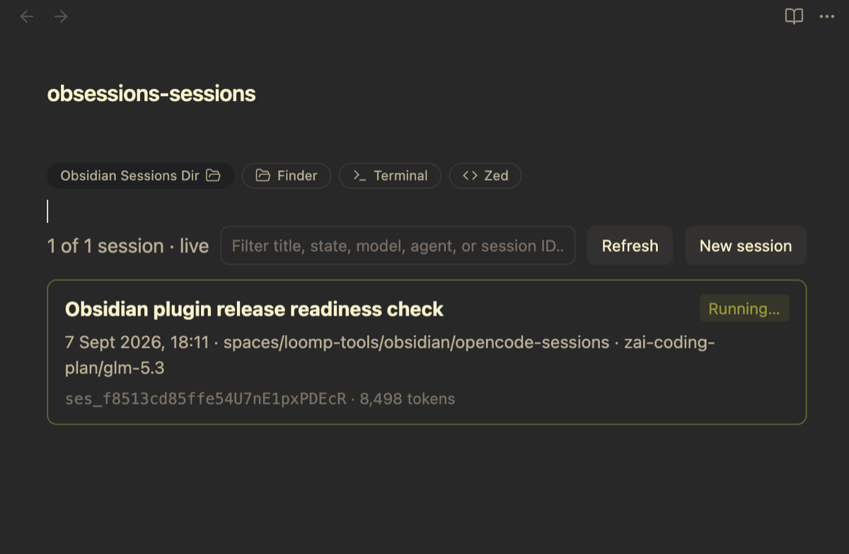 A session dashboard embedded in a note: live session card with a Running… badge, filter, and refresh