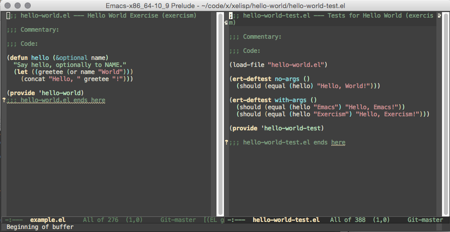 Screenshot showing Emacs with the Frame vertically split into two Windows