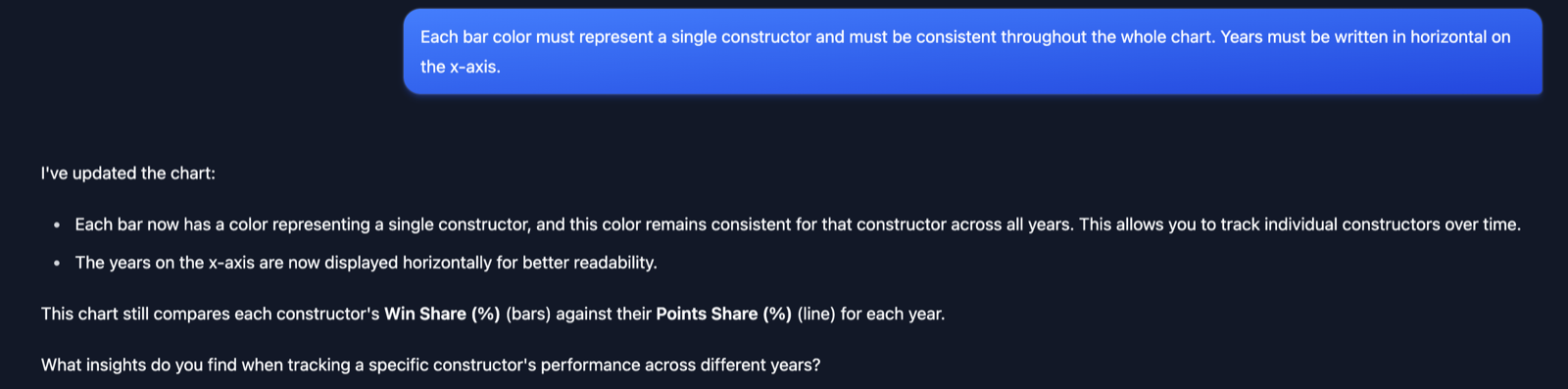 Round 2: asking for one consistent color per constructor and horizontal year labels