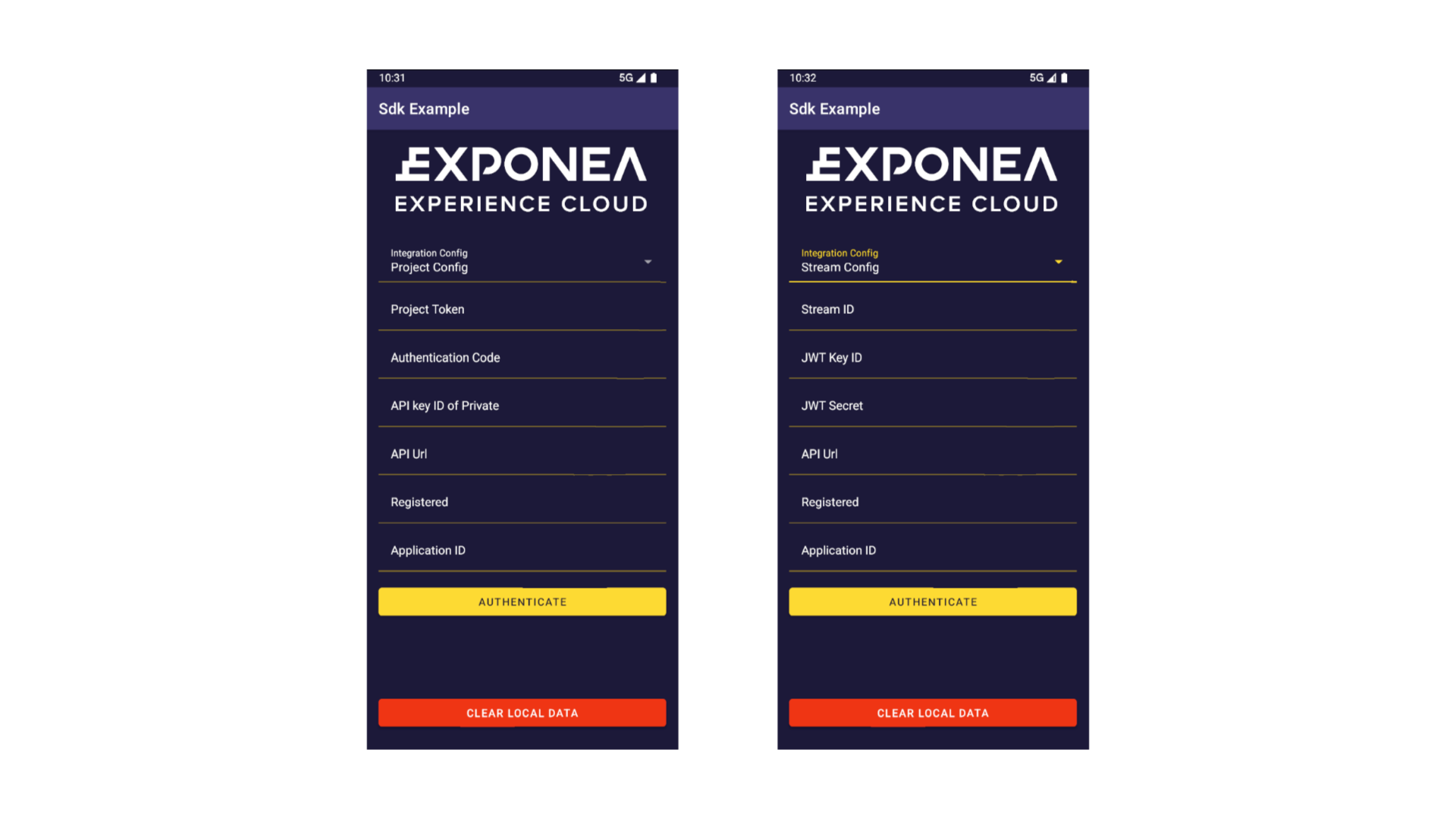Example app Auth screen variants