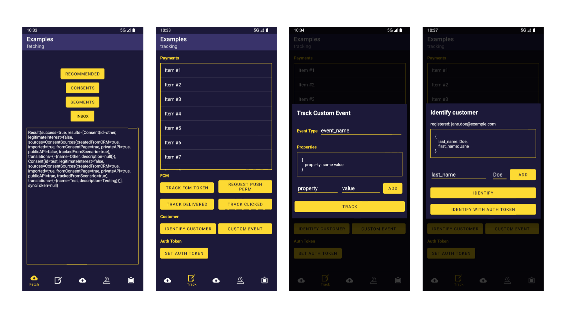 Example app screens: fetch, track, track event, identify