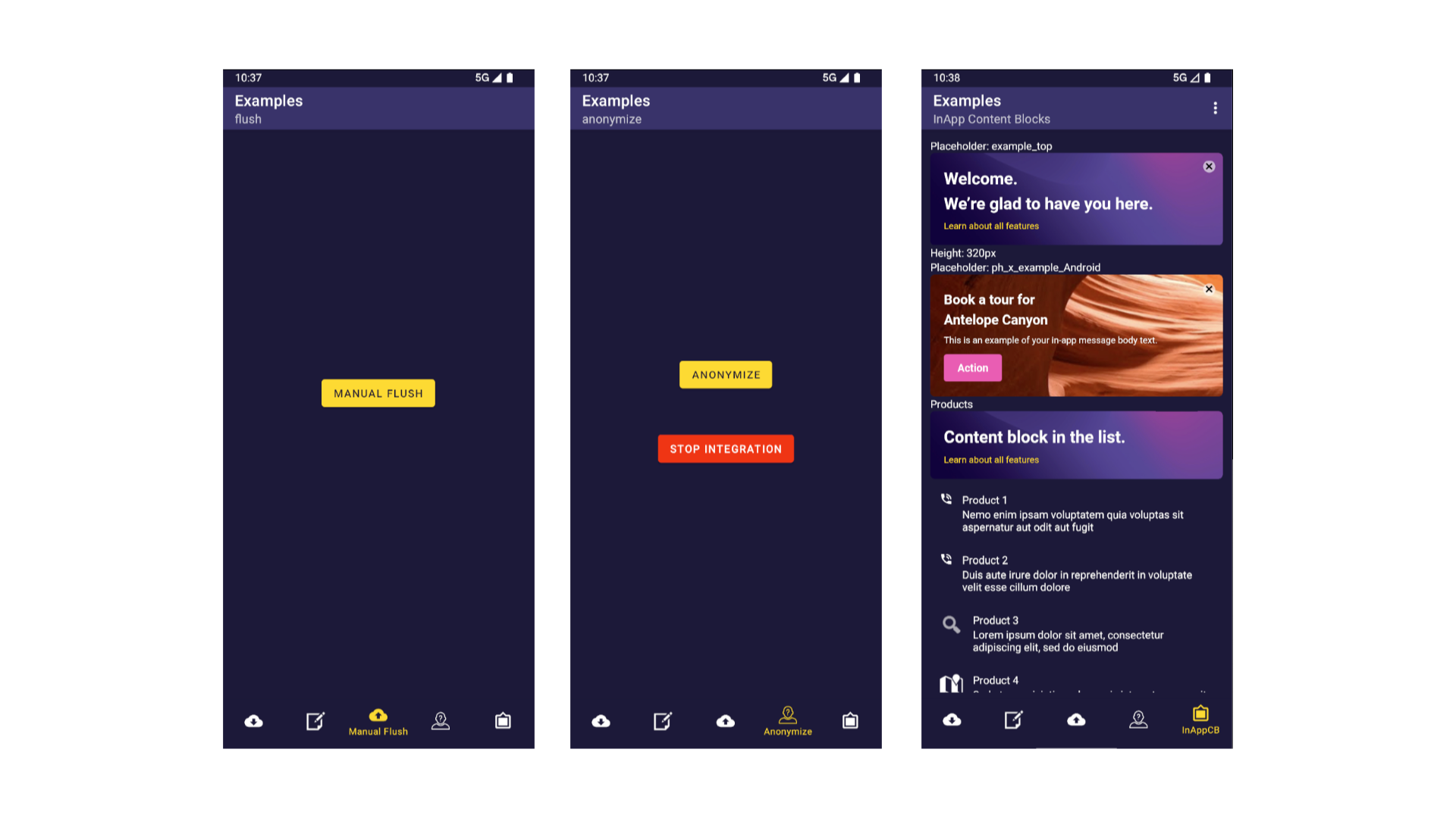 Example app screens: flush, anonymize, content blocks