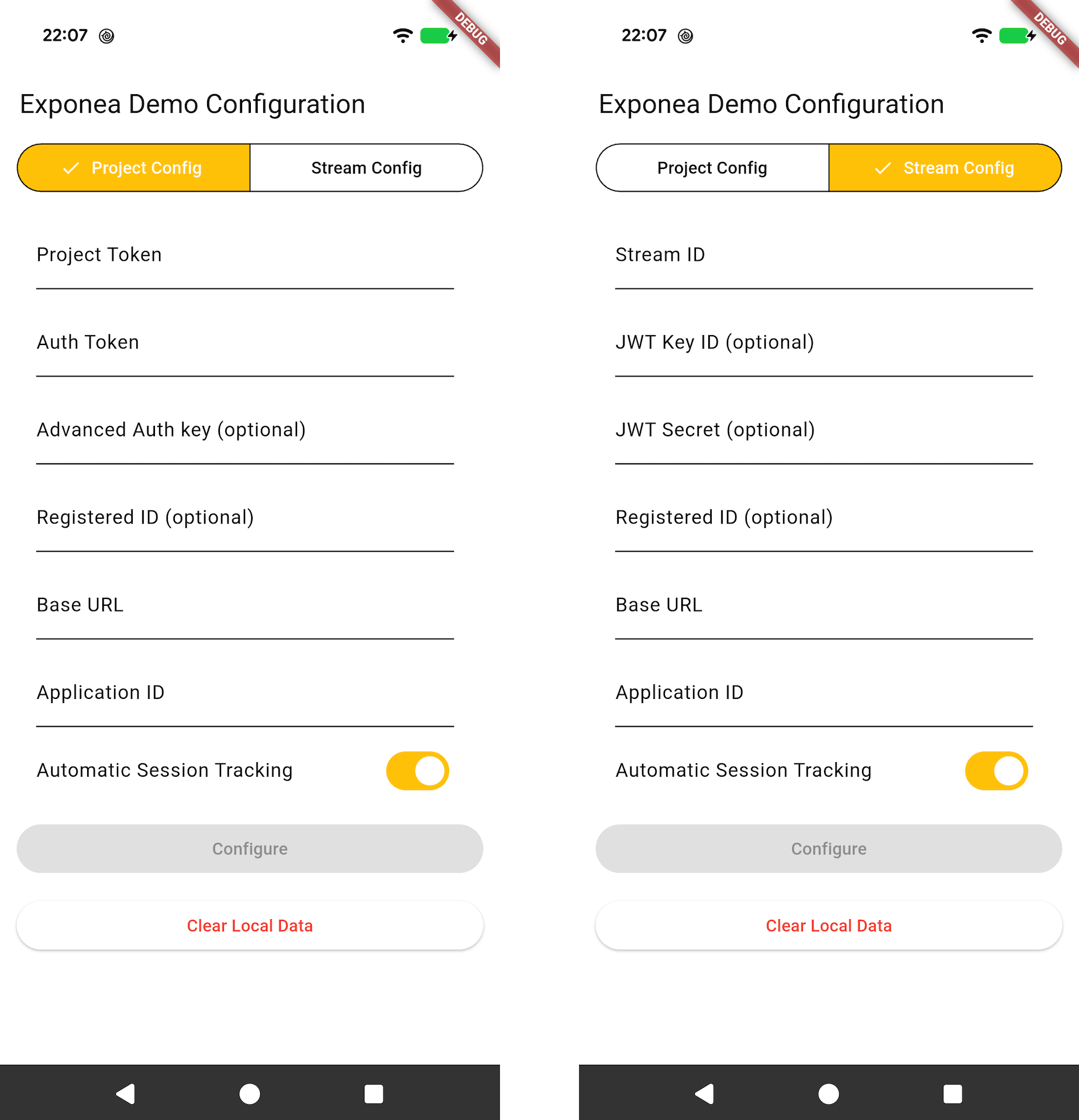 Example app auth screens