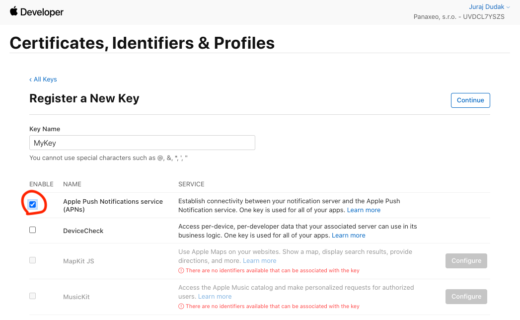Apple Developer - register a new APNs key