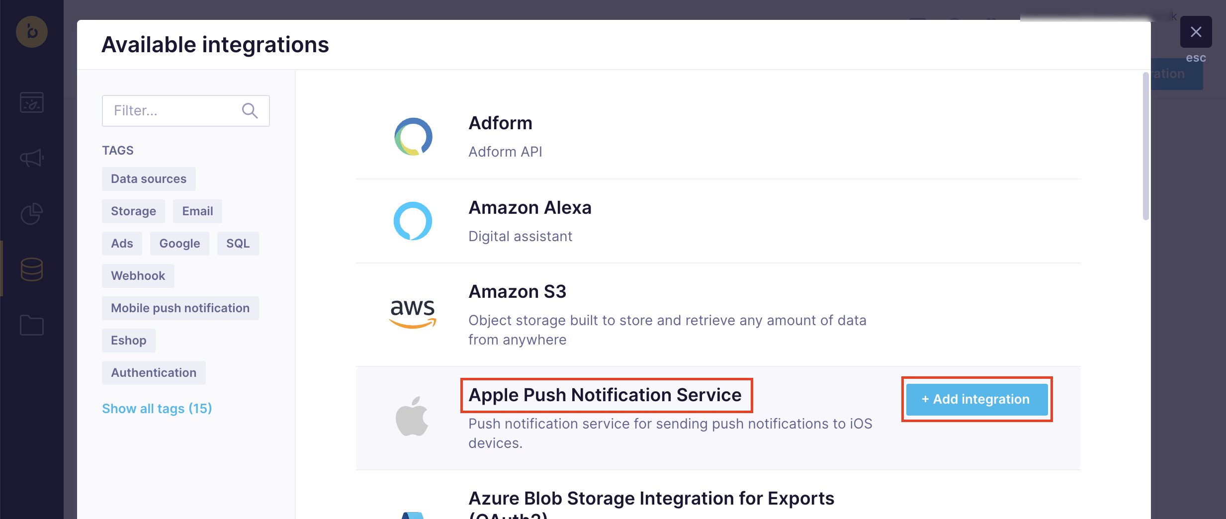 Engagement Integrations - Select Apple Push Notification Service integration