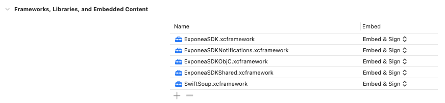 XCFRameworks added to Frameworks, Libraries, and Embedded Content