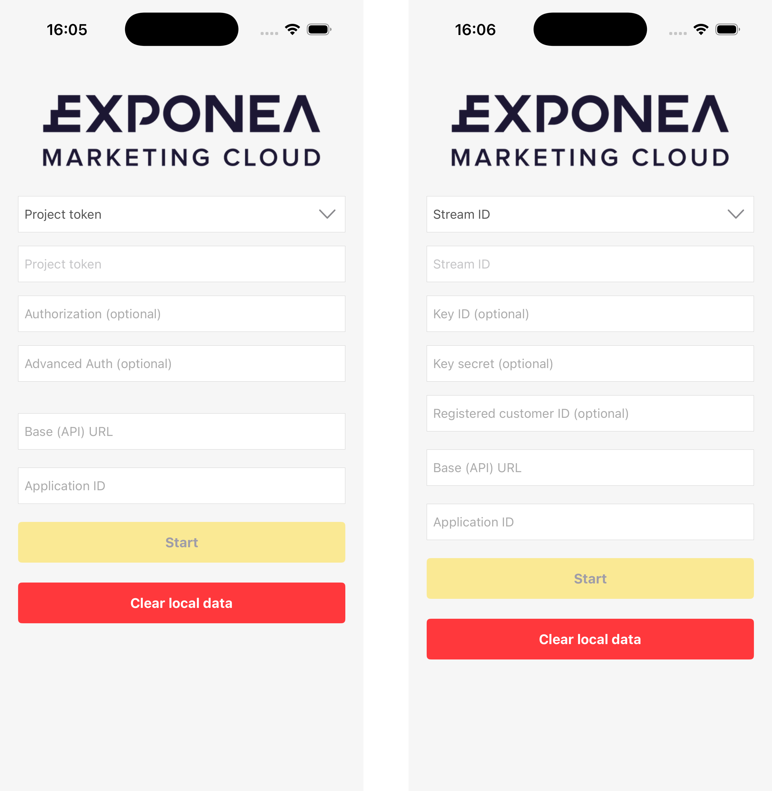 Example app screens: authorization