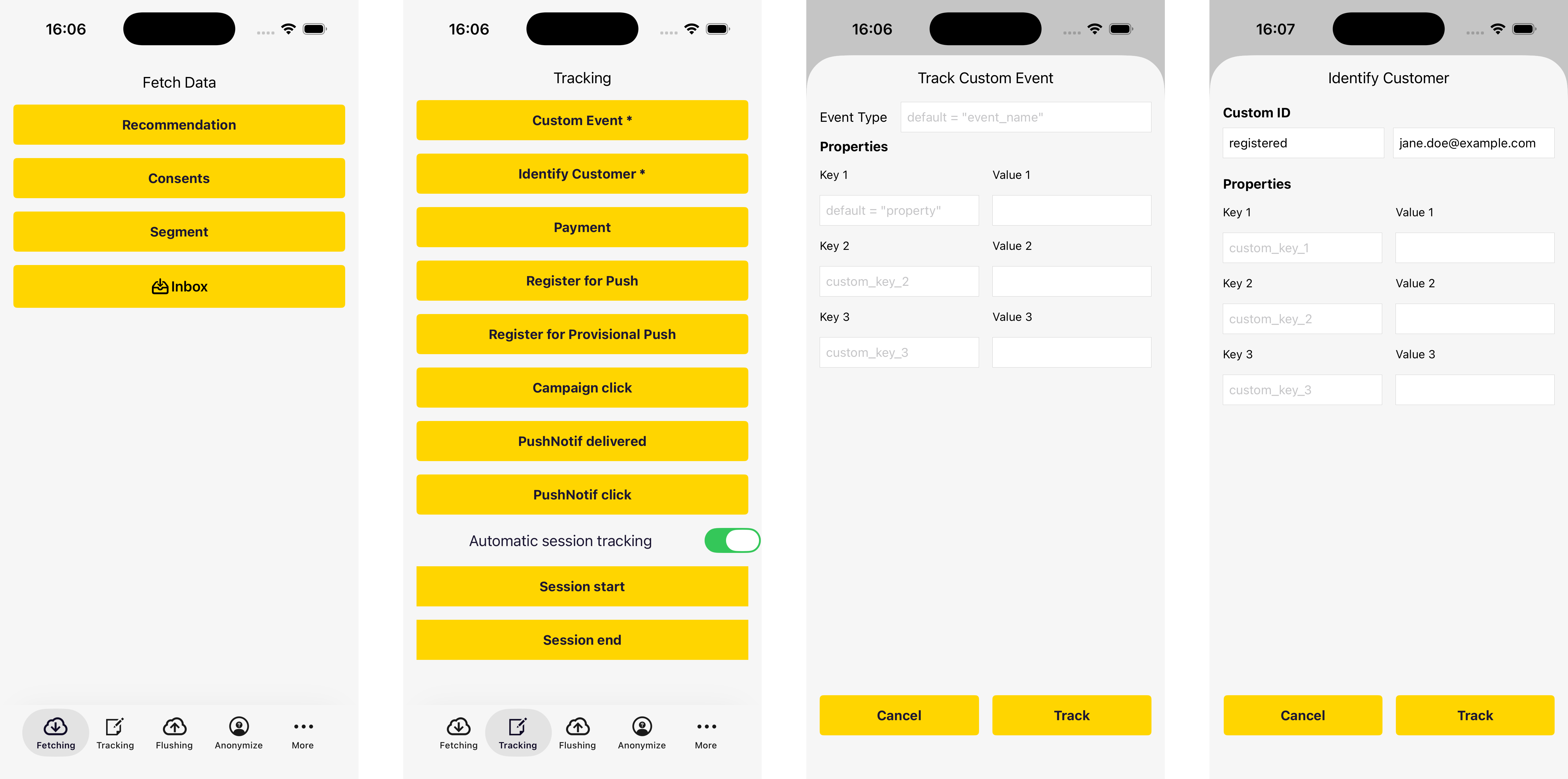 Example app screens: fetching, tracking, track event, identify customer