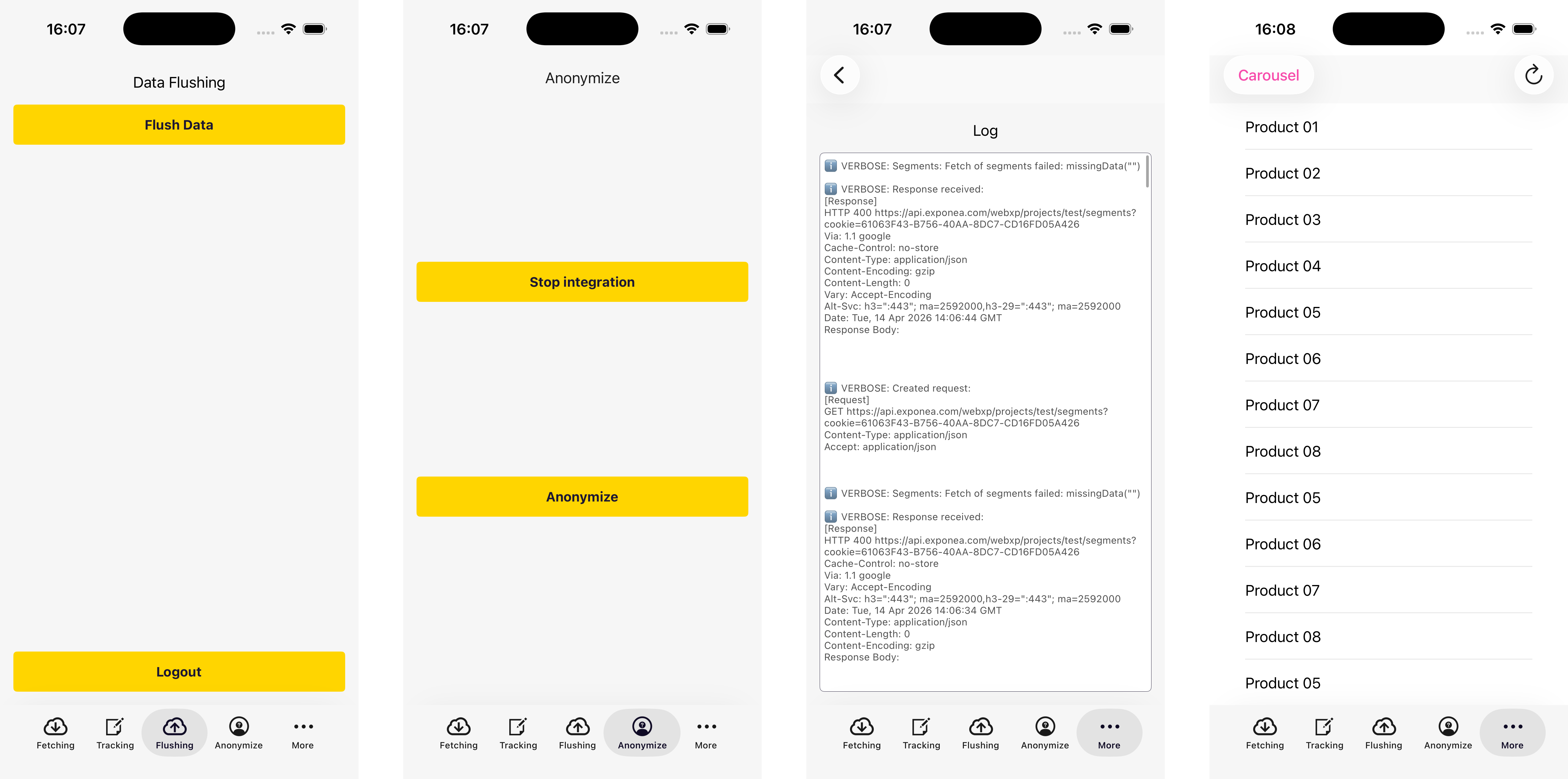 Example app screens: flushing, anonymize, logging, content blocks