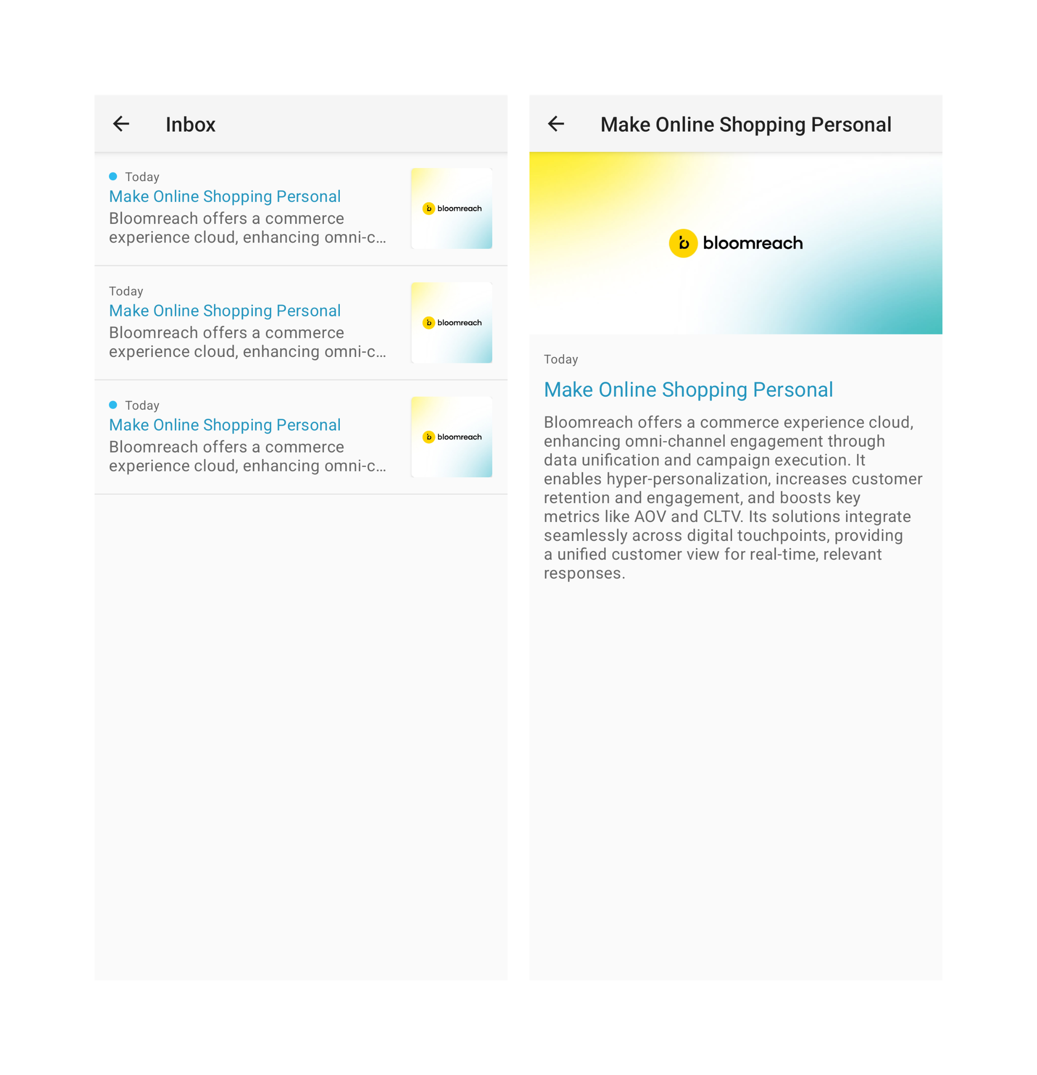 App Inbox messages list view and message detail view