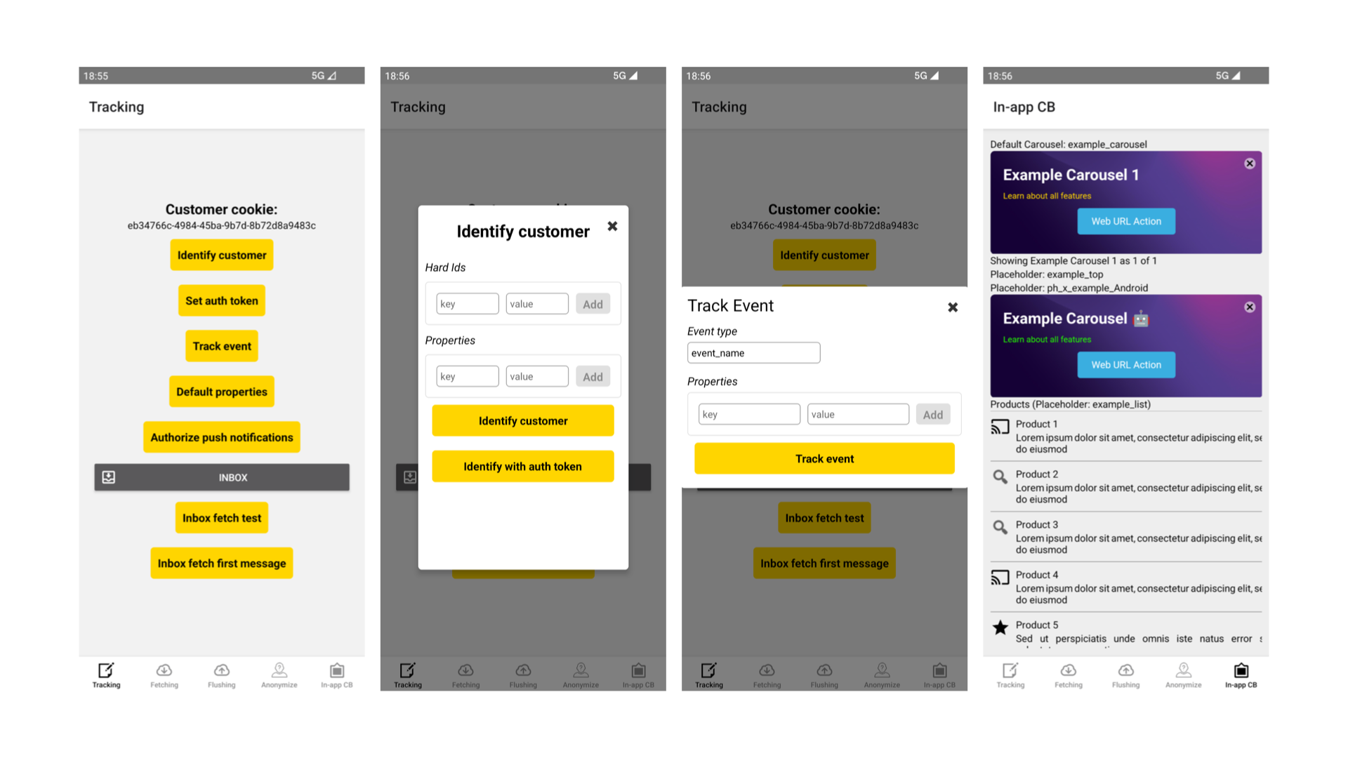 Example app screens