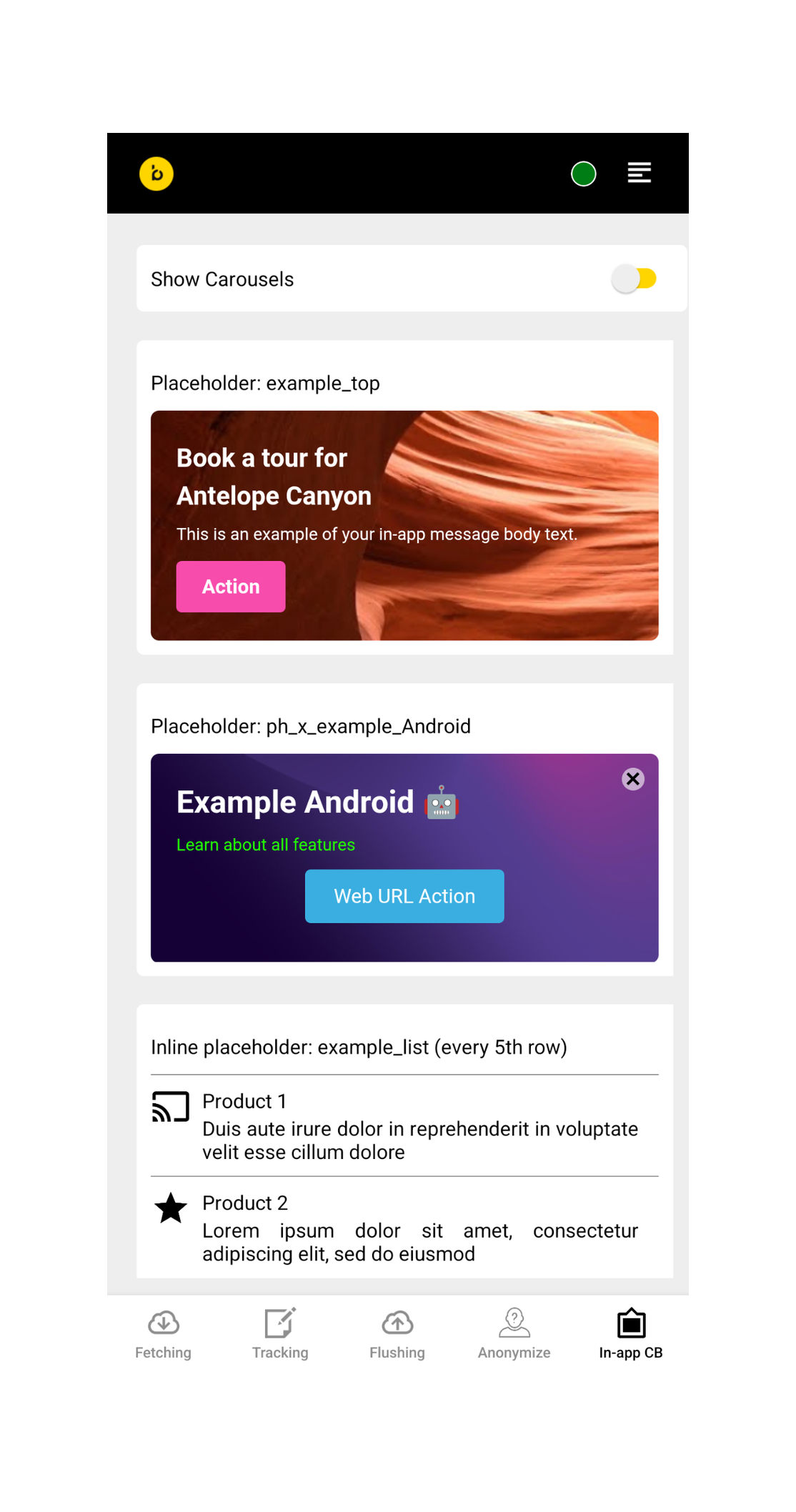 In-app content blocks in the example app