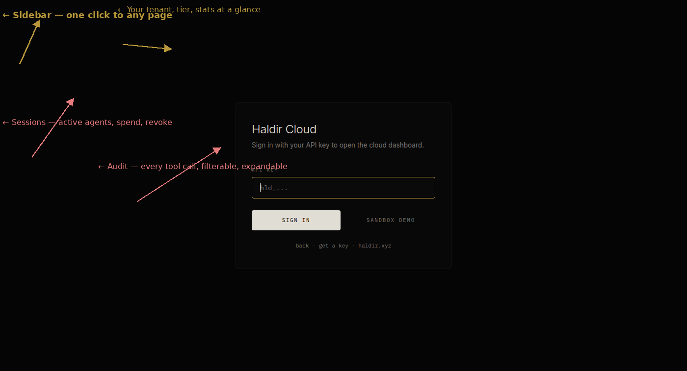 Cloud dashboard with annotations: sidebar, stat cards, sessions table, audit table