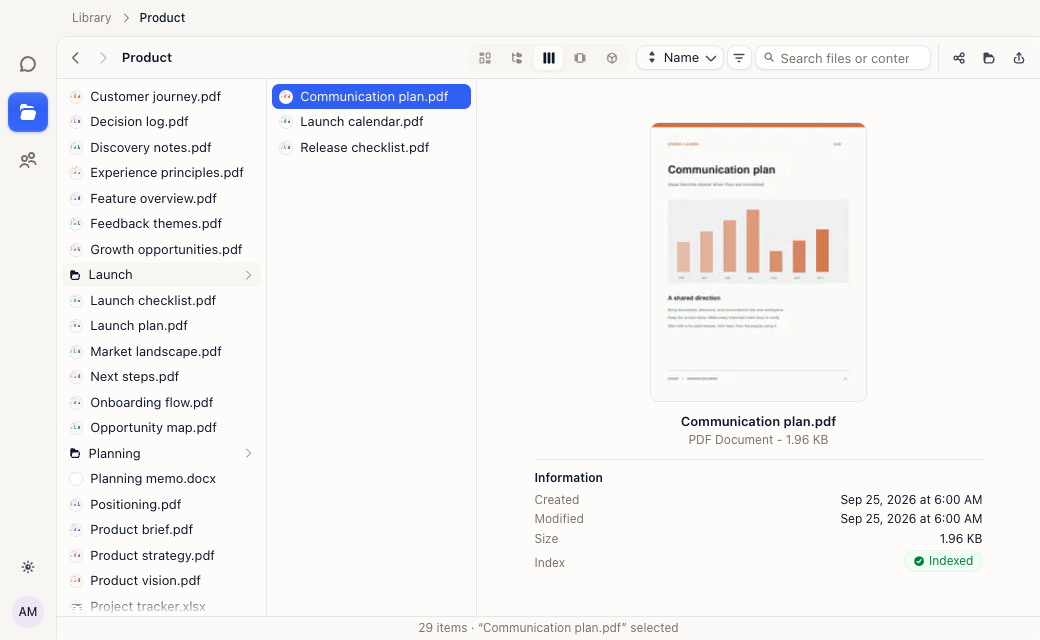Columns view with a folder hierarchy and document preview