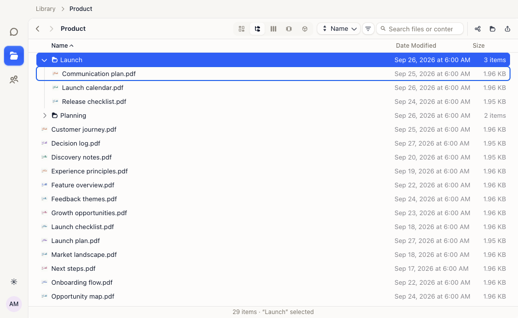 List view with nested folders and document metadata