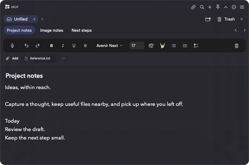 Fleck dark workspace with Project notes, Image notes, and Next steps tabs, a Reference.txt file shortcut, and the native editor