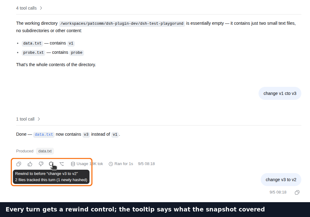 The rewind control under an assistant reply, with its coverage tooltip