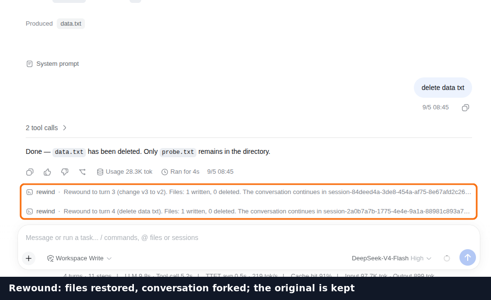 Two rewinds reported: files written and deleted, and the session each continues in