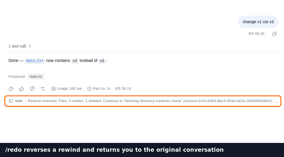 The /redo result: rewind reversed, continuing in the original session