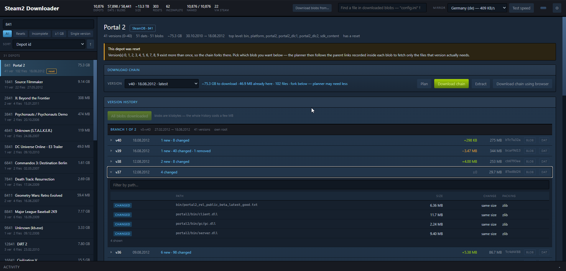 Steam2 Downloader browsing depot 841 (Portal 2): the depot list, the delta chain planner with its download size estimate, and the version history expanded on v37 to show the four changed files.