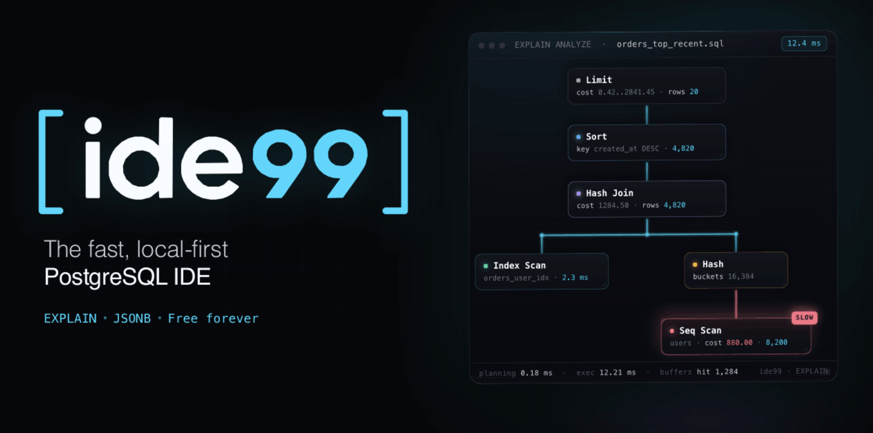 ide99 — fast local-first PostgreSQL IDE with EXPLAIN plan visualizer