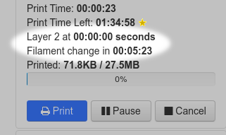 Time until layer chnage and time until filament change in OctoPrint window.