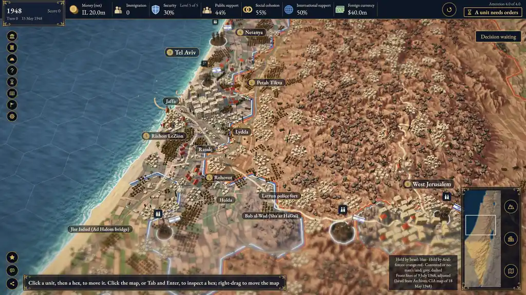 Real gameplay, 15 May to 15 June 1948: a zoom and pan across Tel Aviv, Jaffa and the coastal plain, a click on Tel Aviv that opens its city panel, the One Army and Defence of Degania decisions, End turn selecting each unit that needs orders for a Skip (the Golani and Carmeli Brigades, then after a cut the Negev Brigade), and the date moving to 15 June, with the turn report and the First Truce card