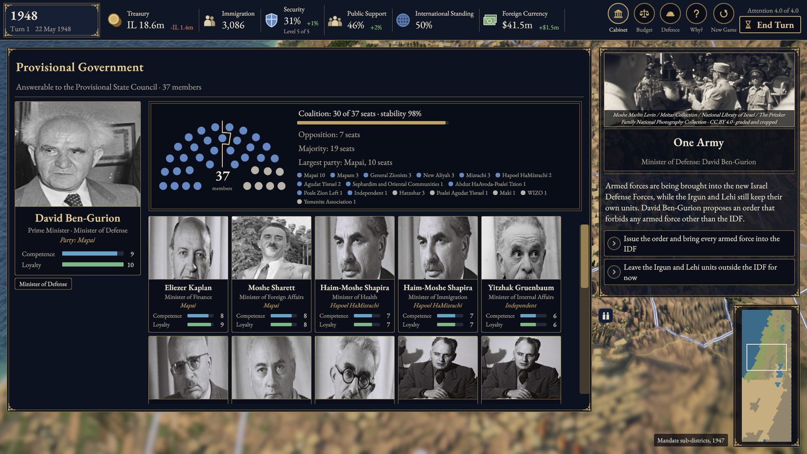 Current build: the Cabinet screen listing the Provisional Government's ministers with portraits
