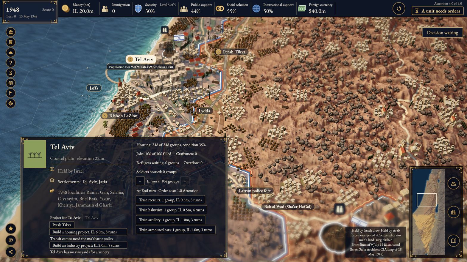Current build: a closer look at Tel Aviv, Jaffa, Lydda, Petah Tikva and Rishon LeZion, with groves, railways, roads and the front lines, and Tel Aviv's city panel with its housing, jobs and training