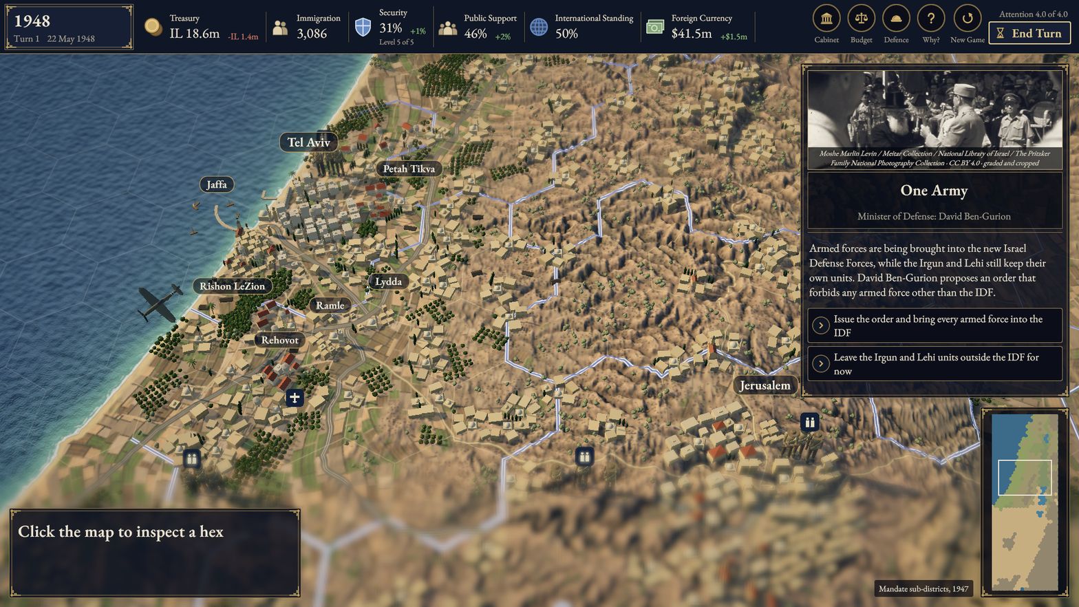 Current build: the terrain map of the coastal plain and Jerusalem with hex lines, settlement markers, the top bar and an event card