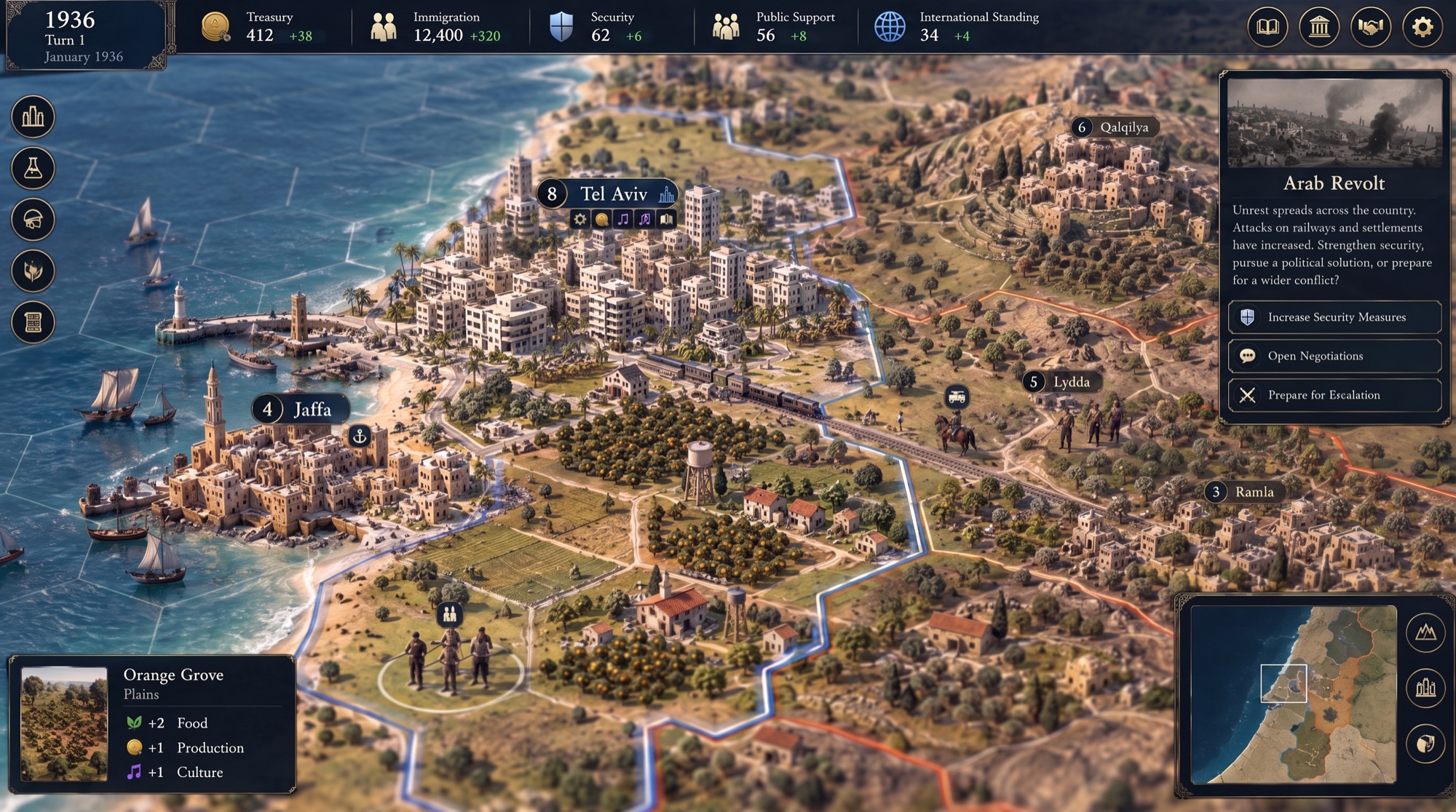 Concept art of the target look: a tilt-shift diorama of the coast around Tel Aviv and Jaffa in 1936, with a top resource bar and an event card. This is AI-generated concept art, not the current build.