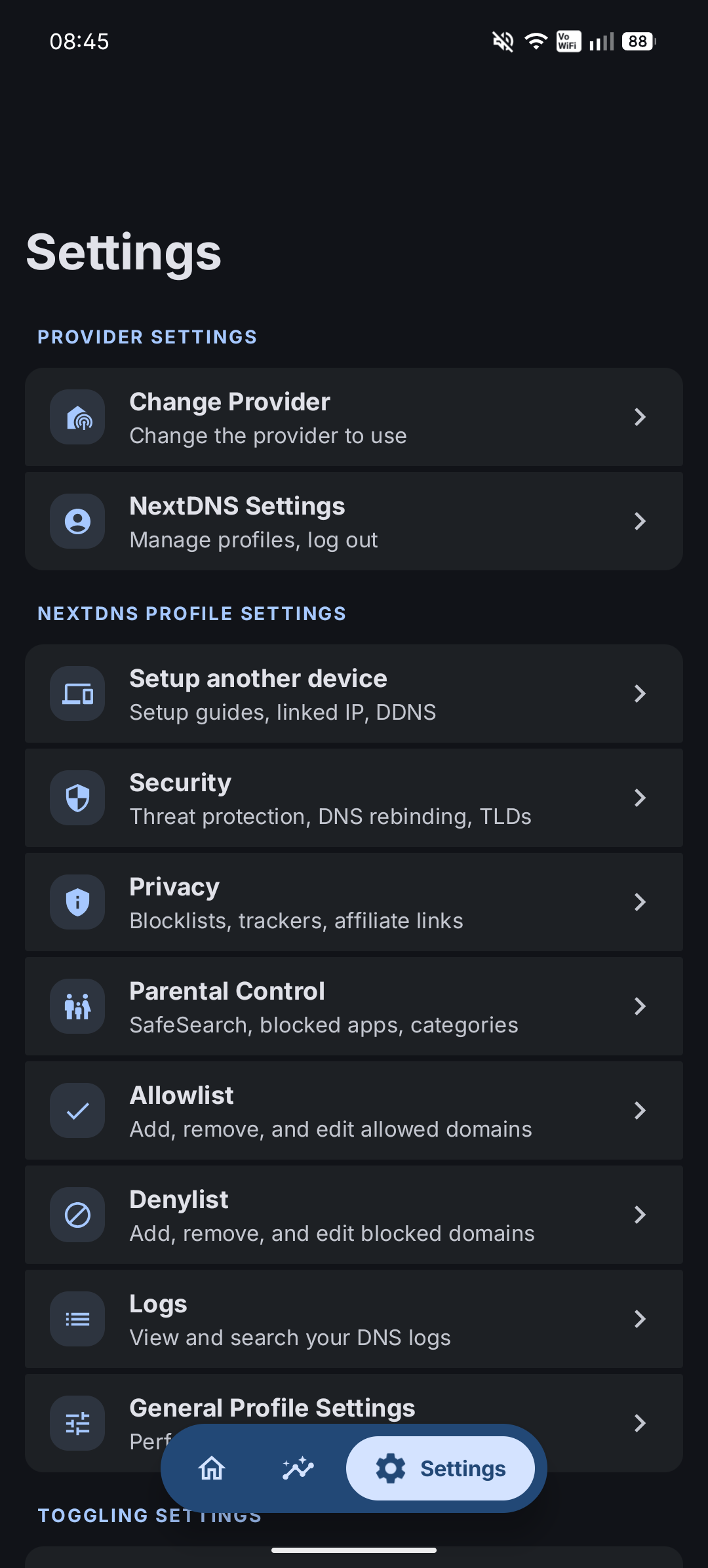 ADNS settings screen