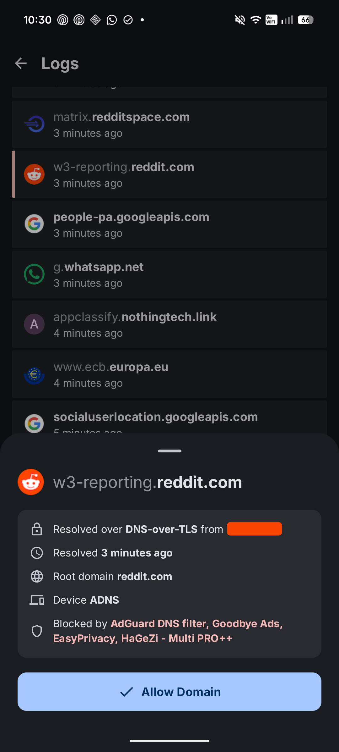 ADNS settings screen