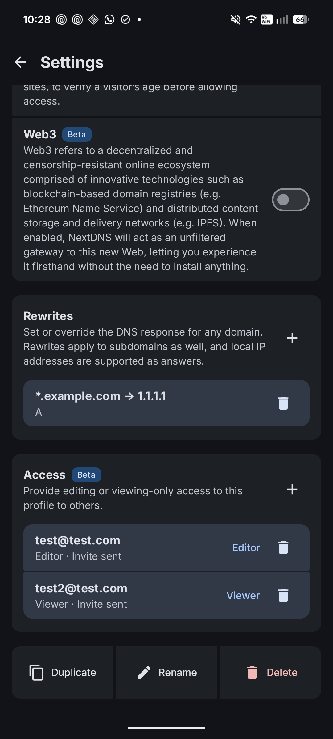 ADNS settings screen